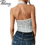 Phantasy Elegant Temperament Neck Sequin Camisole Women T-shirt Sexy Sleeveless Tank Top Female Clothes Tops 2025 Summer