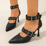 Black Punk Gothic High Heels Sexy Plus Size 34-45 Pointed Toe Fashion Buckle Rivet French Retro Women Pumps Wedding Sandals New