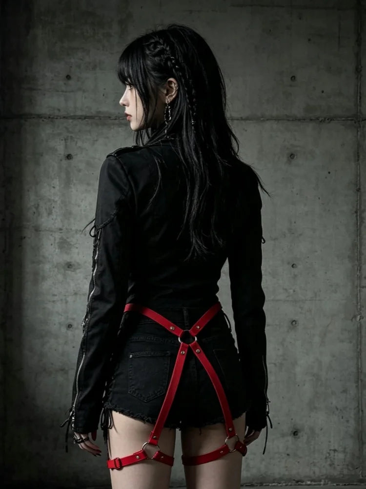 PU Leather Bondage Women Harness Outfit Adjustable Strappy Costume with Buckle Belt Thigh Straps Gothic Halloween Costume Set