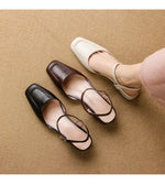 Plus Size 34-41 Women's Sheepskin Narrow Band T-strap Square Toe Summer Sandals 3.5cm Thick Low Heel Elegant Ladies Dress Shoes