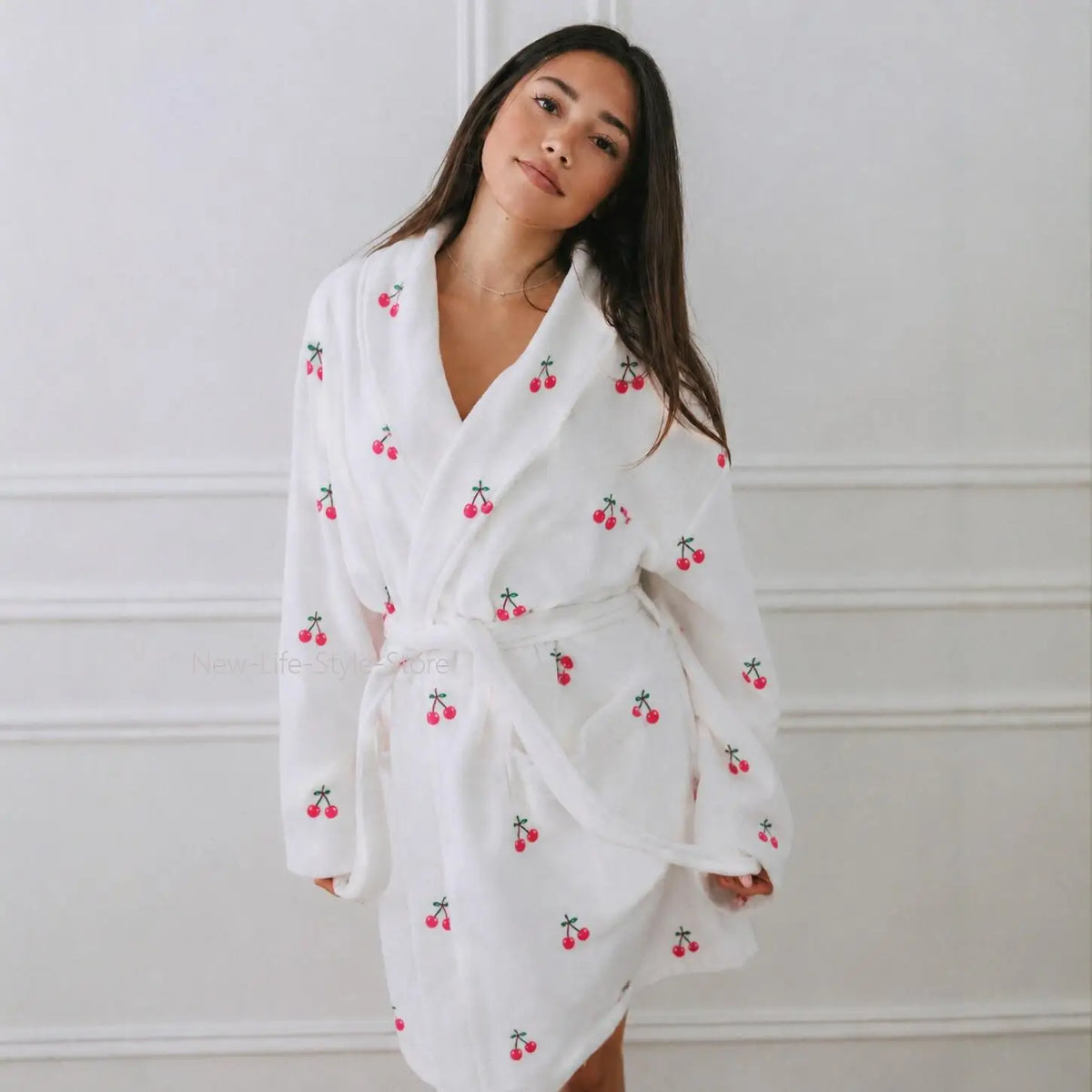 Women Soft Casual Home Loungewear Sleepwear White Terry Cloth Bathrobe Cute Cherry Print Loose Belted Dressing Gown