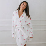 Women Soft Casual Home Loungewear Sleepwear White Terry Cloth Bathrobe Cute Cherry Print Loose Belted Dressing Gown