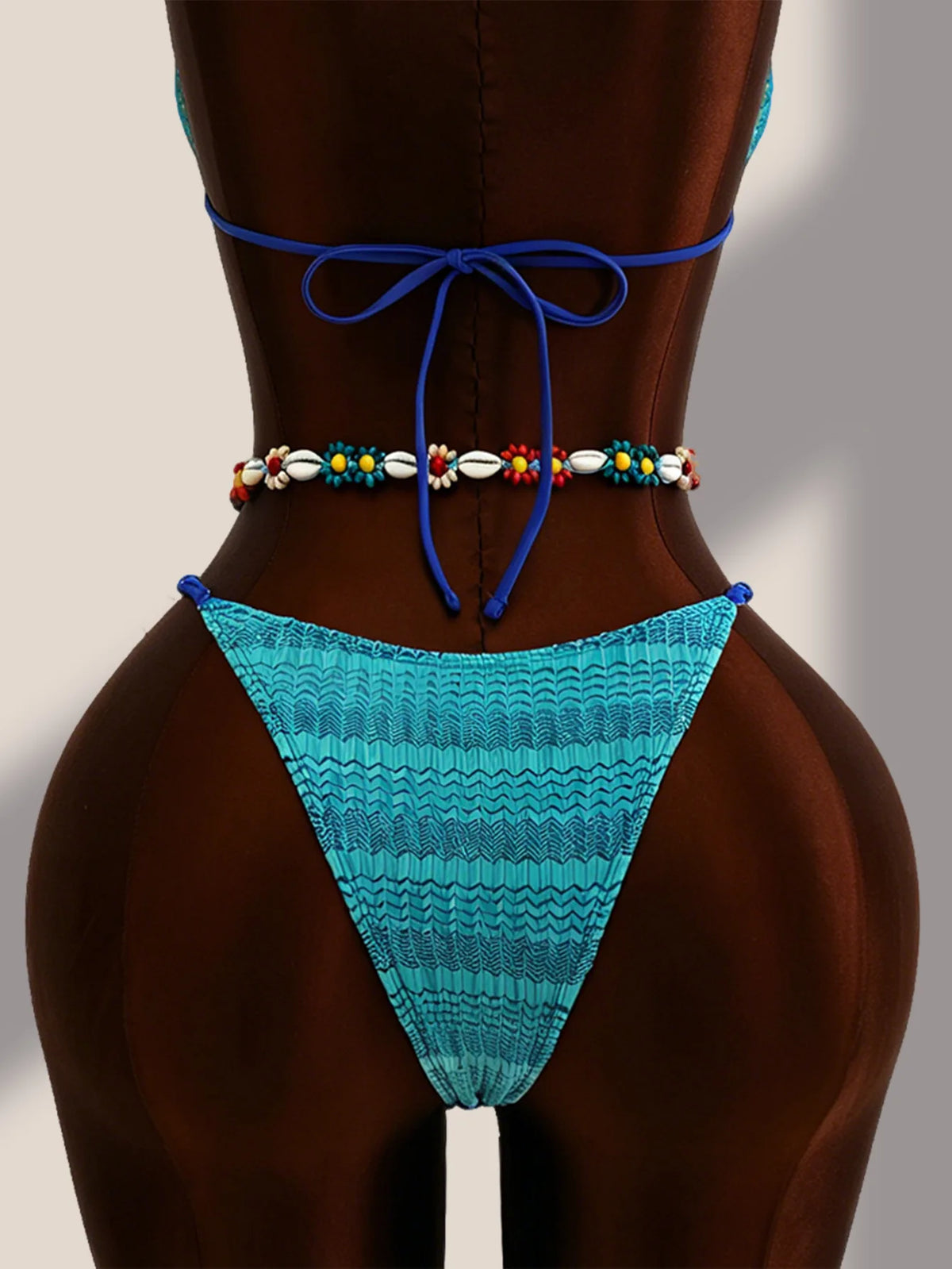 Sexy Blue Gradient Knitted 4 Piece Bikini Set 2026 Swimwear Women Long Sleeve Cover Up Drastring Skirt Holiday Thong Swimsuit