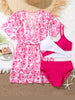 Girls 3pack Heart Print Cross Wrap High Waist Bikini Kids Swimsuit&Kimono 7-12 Years Children's Swimwear 2024 Teens Bathing Suit