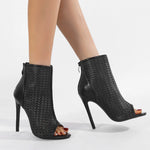 Big Size 42 Sexy Black Hollow Out Summer Boots Women Chic Peep Toe Thin High Heels Zip-up Ankle Boots Party Shoes
