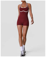 Color Blocking Yoga Jumpsuit Women Sleeveless Hollow Out Backless Slim Sports One Piece Short Suit Gym Running Fitness Rompers