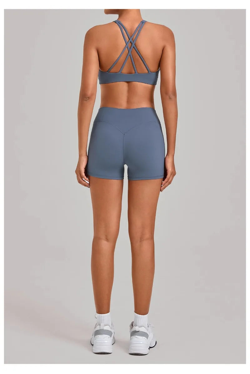 Women's Nude Yoga Sets Sports Cross Beauty Back Bra Hip-lifting Slim Fit Shorts Suits Running Fitness Workout Gym Sets