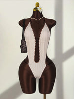 Sexy Beige Contrast One Piece Swimwear Women Deep V Neck Hollow Out Bakcless Thong Bikini Beach Bathing Suit Swimsuit 2026