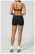 Breathable Striped Patchwork Yoga Clothing Women Fake Two-piece Sports Bra Folding High Waist Shorts Gym Running Fitness Suit