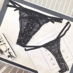 Sexy Women's Thong Erotic Cross Hollow T Pants Starry Sky Shiny Sequins Black Mesh Transparent Bow Perspective Briefs Lingerie