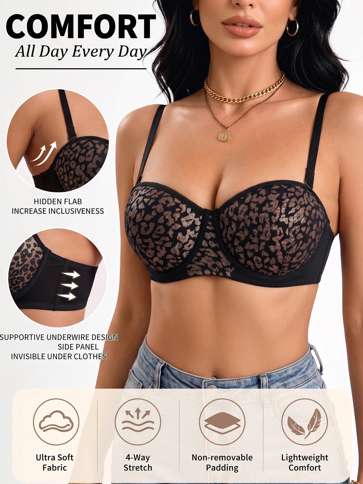 Trendy Leopard Print Women Bra Demi Cup Underwire Side Support Push-Up Brassiere Daily Thin Breathable Bra
