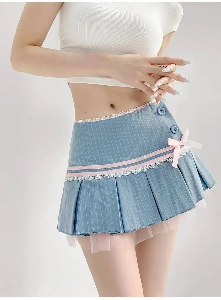 Striped Contrasting Color Bow Lace Splicing Pleated Skirt Women 2026 Summer American Style Low WaistA-line Short Skirt UBFK