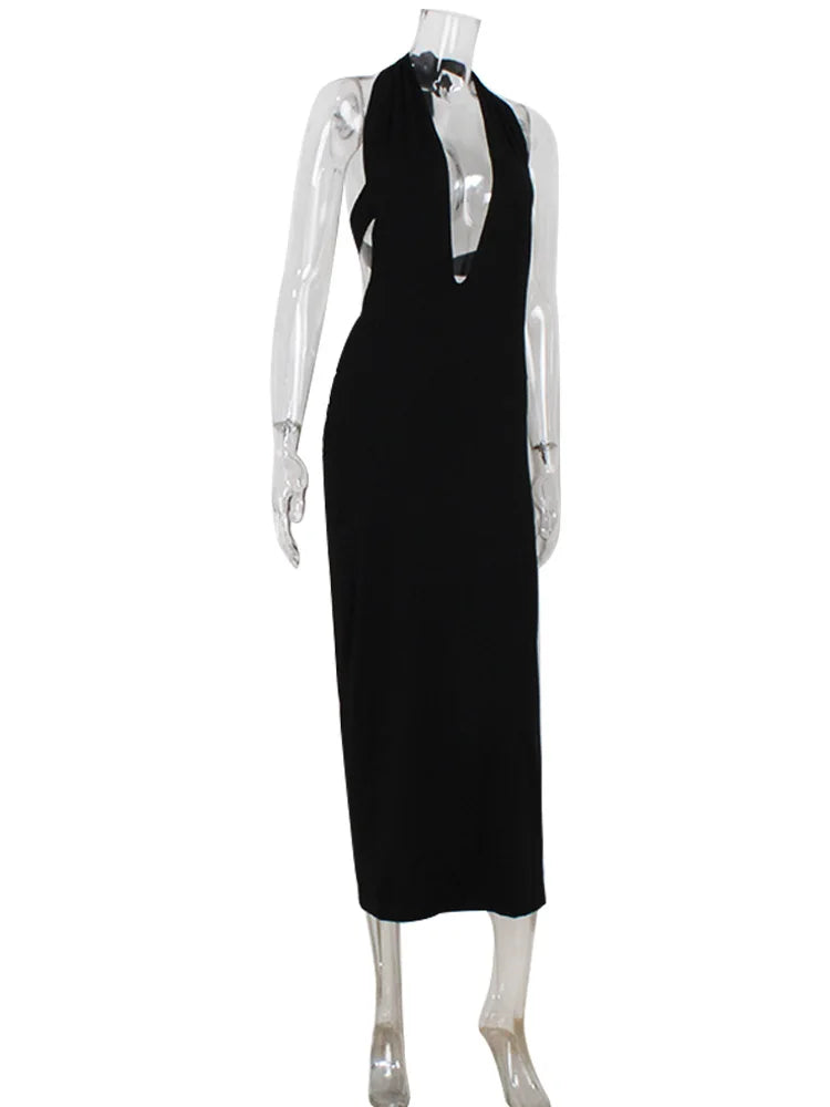 Ahagaga Fashion Halter Women's Maxi Dresses Solid Deep V-Neck Sleeveless Blackless Bandage Sheath Bodycon Party Vestidos Robes
