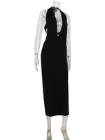 Ahagaga Fashion Halter Women's Maxi Dresses Solid Deep V-Neck Sleeveless Blackless Bandage Sheath Bodycon Party Vestidos Robes