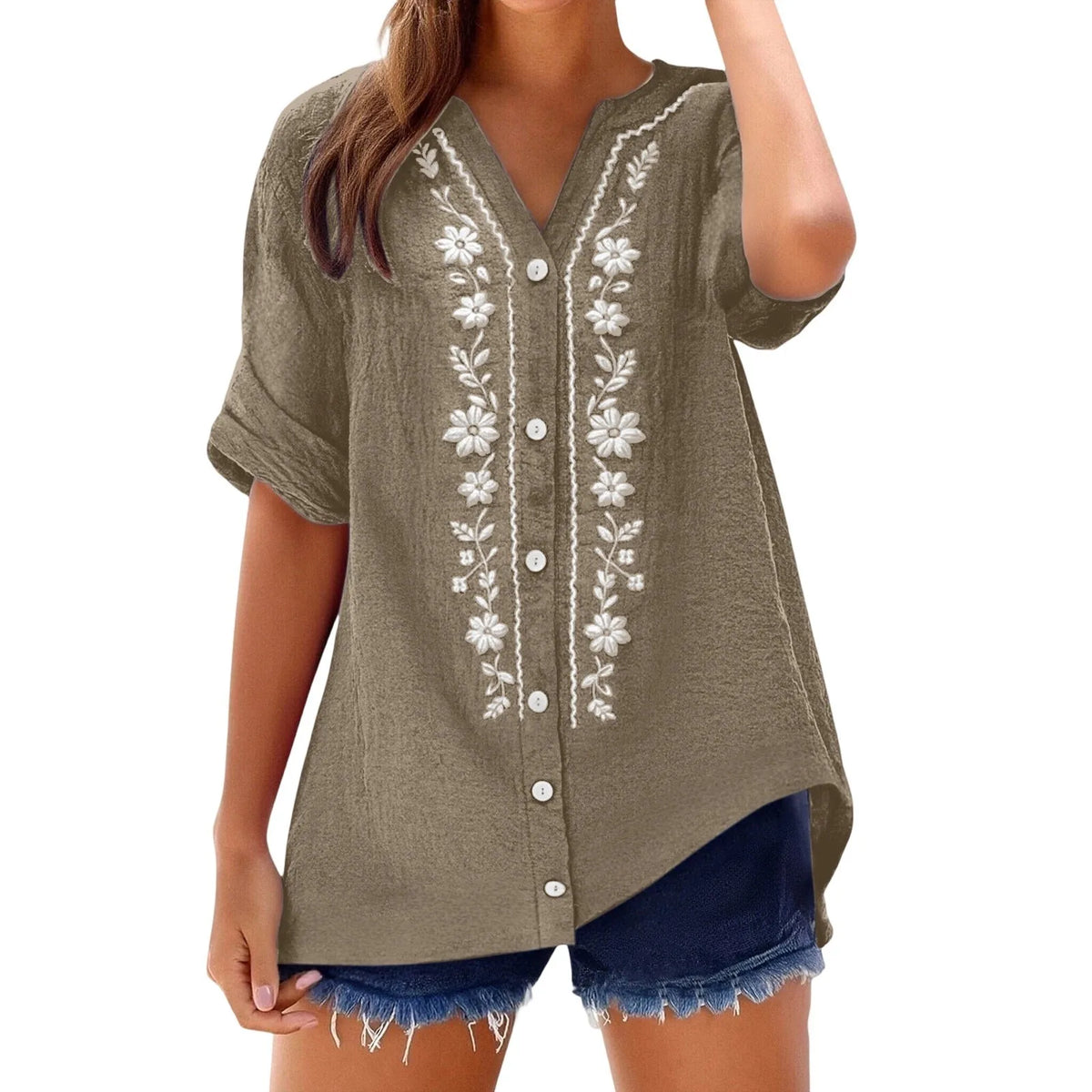 Womens V Neck Embroidered Linen Tunic Shirt Roll Up Sleeve Button Down Loose Fit Casual Boho Blouse Vintage Summer Beach Shirts