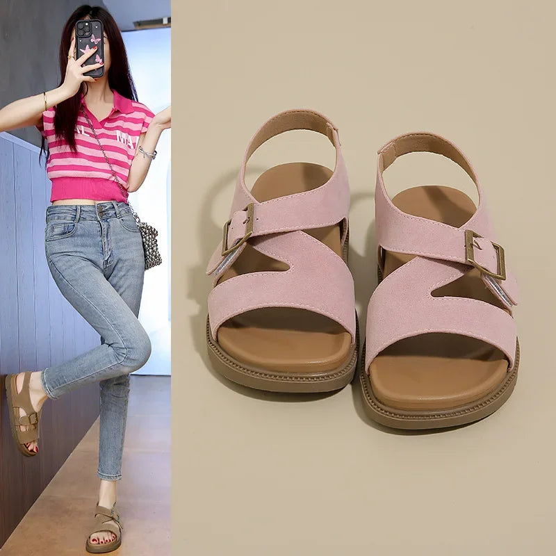 Women Sandals Summer New Solid Color Open Toe Flat Casual Slippers Buckle Fashion Outdoors Beach Sandals Sandalias De Mujer