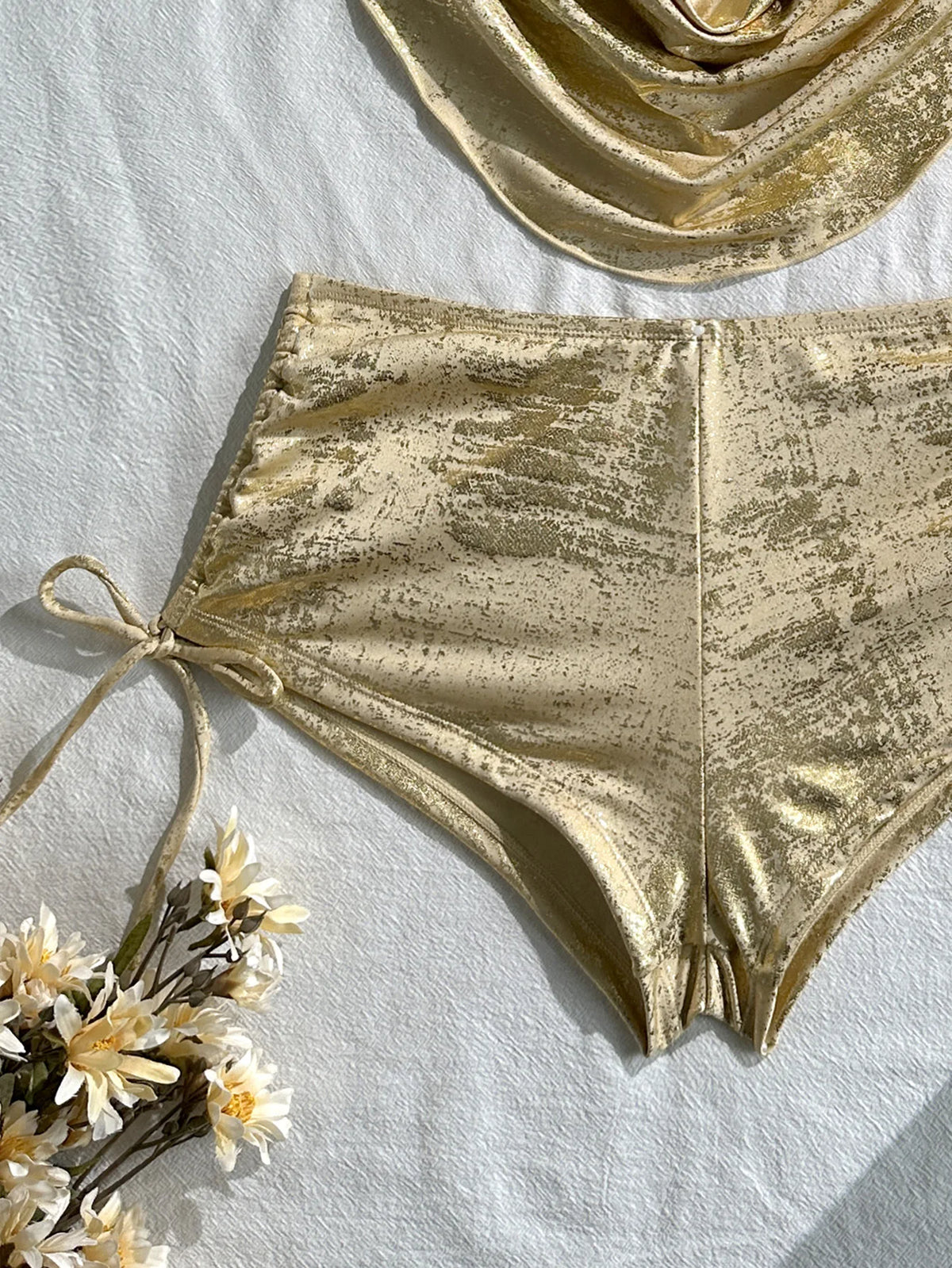 Sexy Hot Stamping Gold Swimwear Women 2026 Collar Split Top Drawstring Side High Waist Bikini Set Summer Bathing Suit Swimsuit