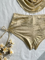 Sexy Hot Stamping Gold Swimwear Women 2026 Collar Split Top Drawstring Side High Waist Bikini Set Summer Bathing Suit Swimsuit