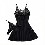 Black Daisy Floral Lace Sheer Mesh Babydoll Lingerie Set Slip Nightdress With Matching Thong Women Sexy Sleepwear ZA825096