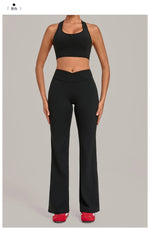 Breathable Stretch Yoga Sets Women Quick Drying Shockproof Sports Bra High Waist Bell Bottom Pants Gym Two-piece Fitness Suit
