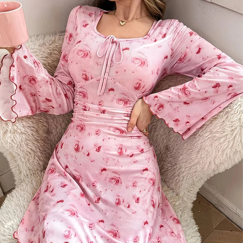 2026 New Women's Sleepwear Home Wear Sweet Dress Elegant Floral Print Square Collar Pleated Long Sleeved Autumn Sleepwear Y2K