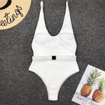 V Neck Ribbed High Leg Cut Women Swimwear One Piece Swimsuit Female Backless Monokini Bather Waist Belt Bathing Suit Swimwear
