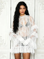 Women See Through Lace Dress Layered Flare Long Sleeve Crew Neck Ruffle Dress for Party Cocktail Club Dress Cover-ups