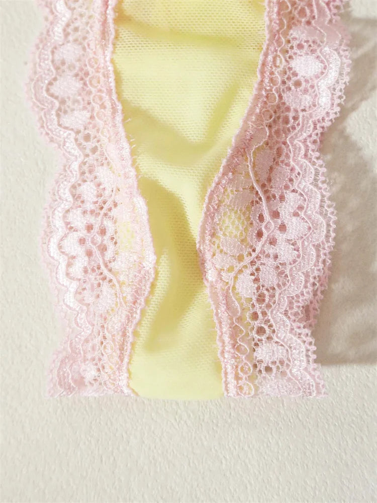 Female Sweet Mesh Lingerie Set Pink Lace Trim Bra and Panty Set Intimate 2 Pieces Women Underwear Cute Bow Sexy Boudoir Lingerie