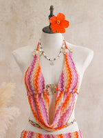 Vintage Blue Striped Knitted Cover Up 3 Piece Bikini Set 2026 Swimwear Women Push Up Bra Drawstring High Waist Shorts Swimsuit