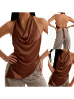 Women’s Solid Color Satin Cowl Neck Halter Tops Summer Fashionable Backless Slim Fit Going Out Vest