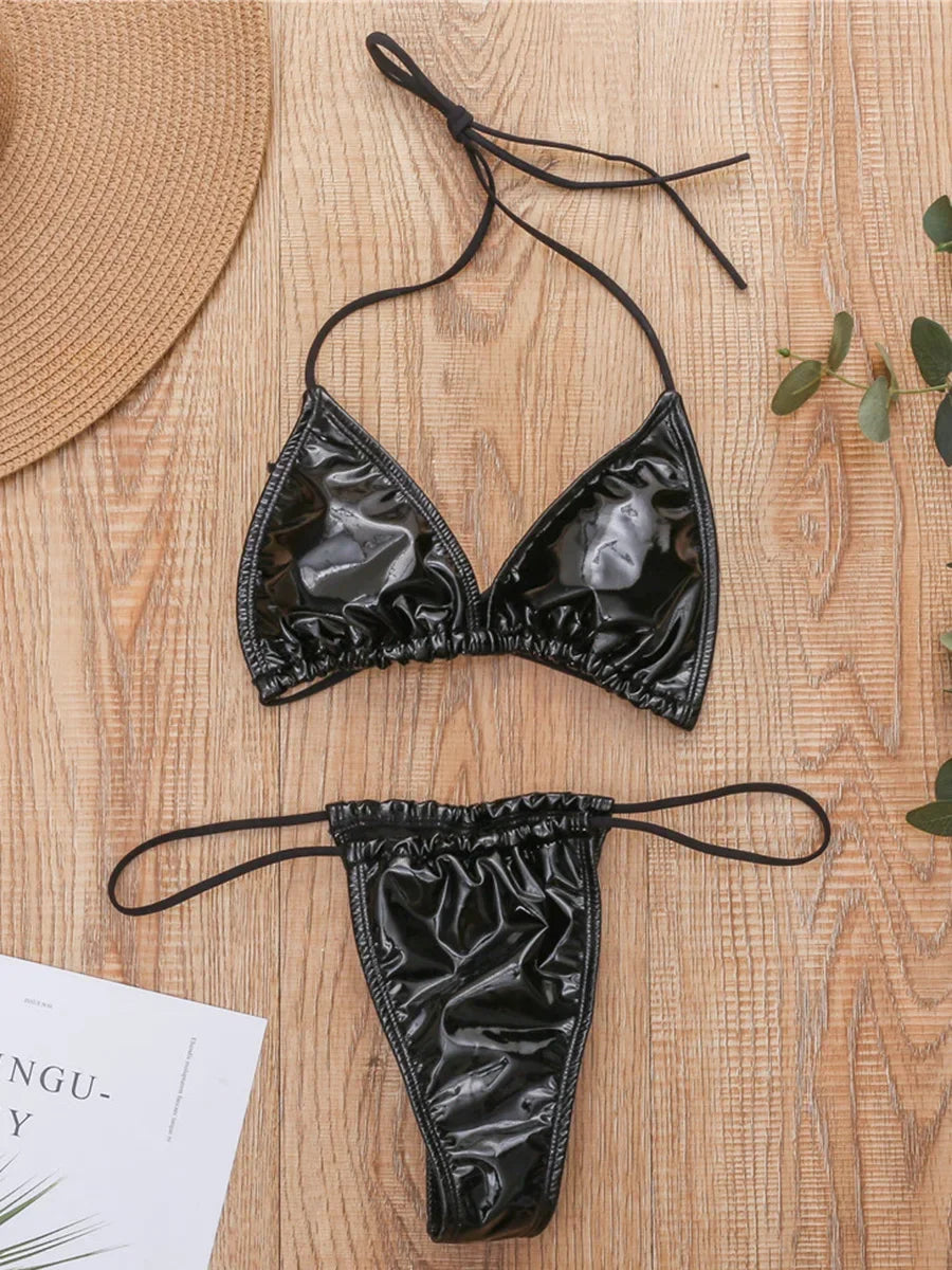 Shiny PU Mini Micro Bikini 2025 Women Swimsuit Female Brazilian Swimwear Two Pieces Bikini Set High Cut Bathing Suit Swim Lady