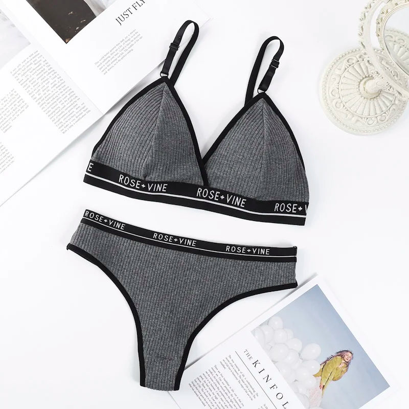 Women's Ribbed Wireless Triangle Bralette and Thong Set Low Rise Panties Daily Wear Comfort Underwear Ladies Sexy Lingerie Set