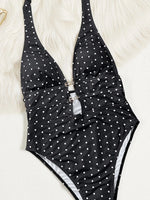 Vintage Black Polka Dot Print One Piece Swimsuit 2026 Women Sexy Hollow Out Pearls V Neck Backless Bathing Suit Holiday Swimwear