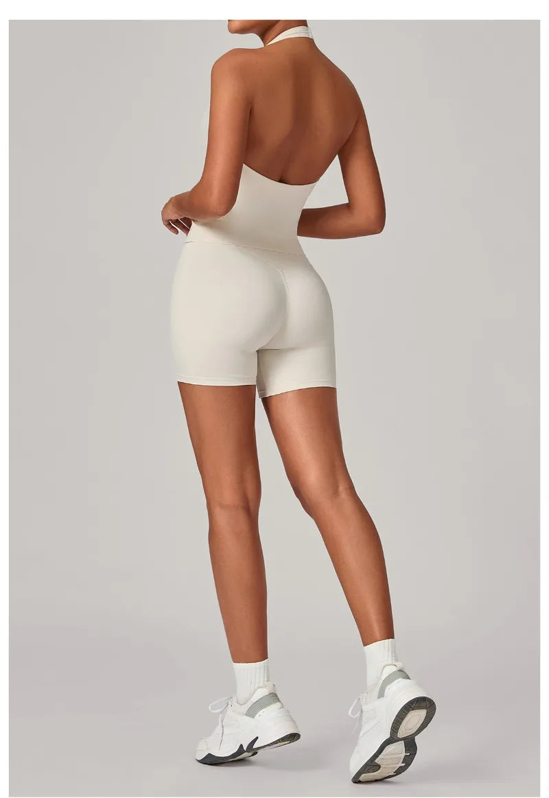 Women's Seamless Yoga Fitness Sets Sports Halter Neck Backless Vest Hip-lifting Slim Fit Shorts Suits Running Workout Gym Sets