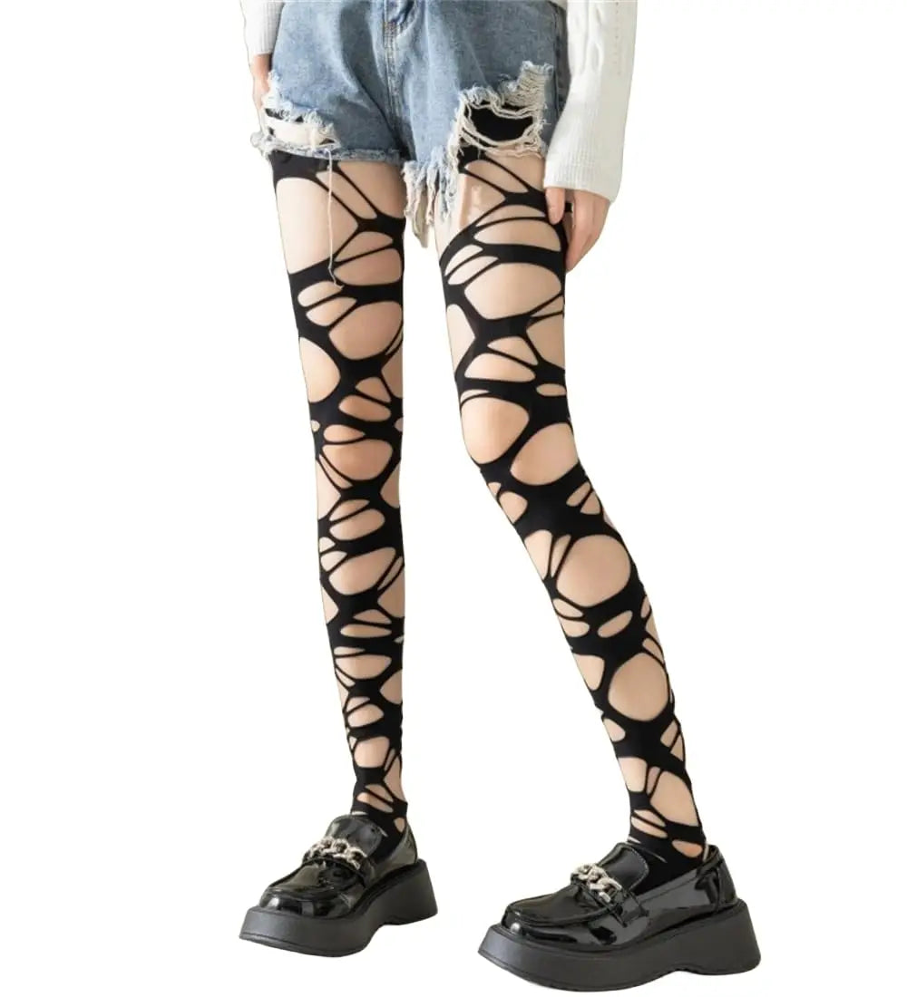 Sexy Black Ripped Fishnet Tights Women Gothic Punk Hollow Out Tight Mesh Pantyhose Stockings Leggings Emo Style Egirl Streetwear