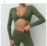 Long Sleeve Gym Crop Tops for Women Twist Deep V Workout Quick Dry Padded Sports Fitness Yoga T-Shirt