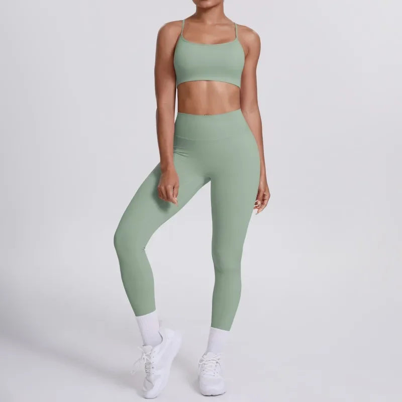 Women's Seamless Yoga Set Cross Back Sports Bra & High Waist Booty Lifting Yoga Leggings Gym Running Fitness Workout Outfit