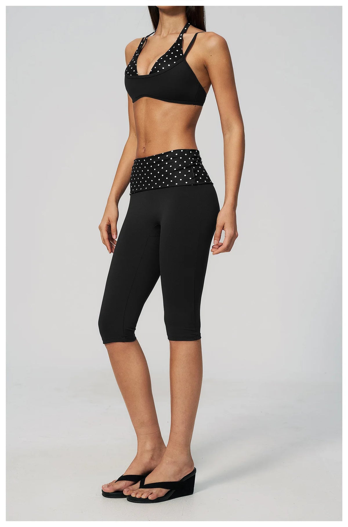 Summer Polka Dot Yoga Sets Women Hanging Neck Shockproof Sports Bra Fitness Suit Folding High Waist Mid Pants Gym Tracksuit