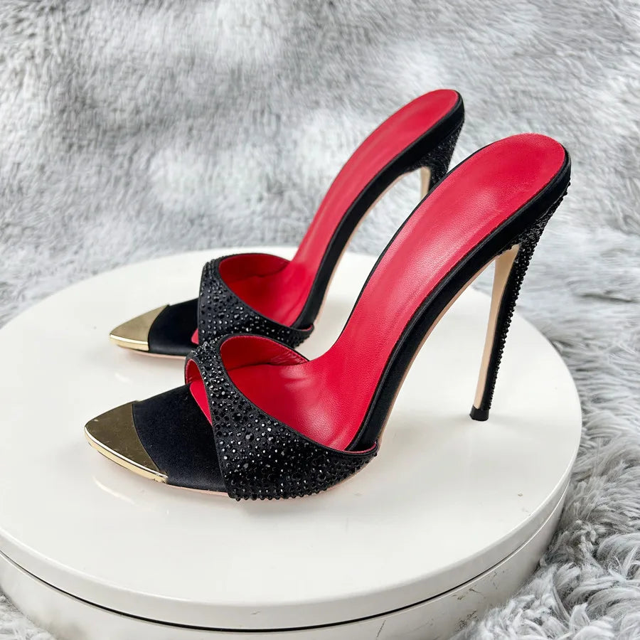 Diamond Black print high heeled slippers for women with thin heels, pointed toes exposed toes soles high heels 12cm sexy sandals