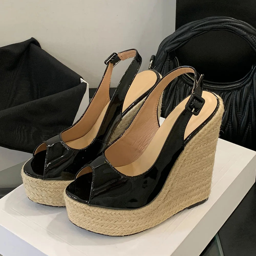 Sexy Peep Toe Nude Summer Espadrilles Sandals Women Classic Super High Heels Slingback Sandals Platform Sandals Wedges Shoes