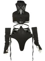 Hollow Out Sexy Cyber Y2k Bodysuits Gothic Mesh Patchwork Tops Female Glove Sleeve Mock Neck Bodysuit Fashion P4ZQ