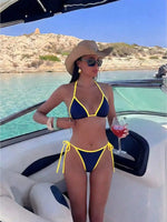 Womens Green Yellow Brazil Print Halter Tie Side Bikini Set For Beach Pool Vacation