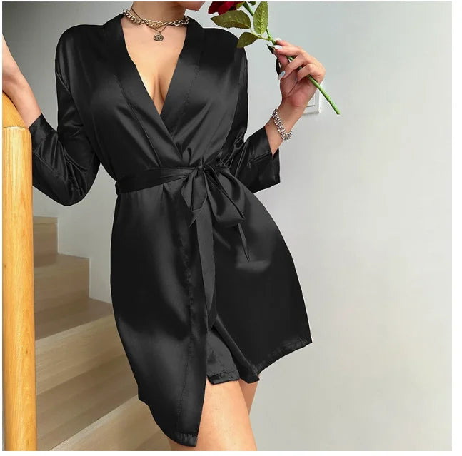 Pajamas women summer European and American ladies lace-up bathrobe sexy morning gown home dress can wear ice silk robe