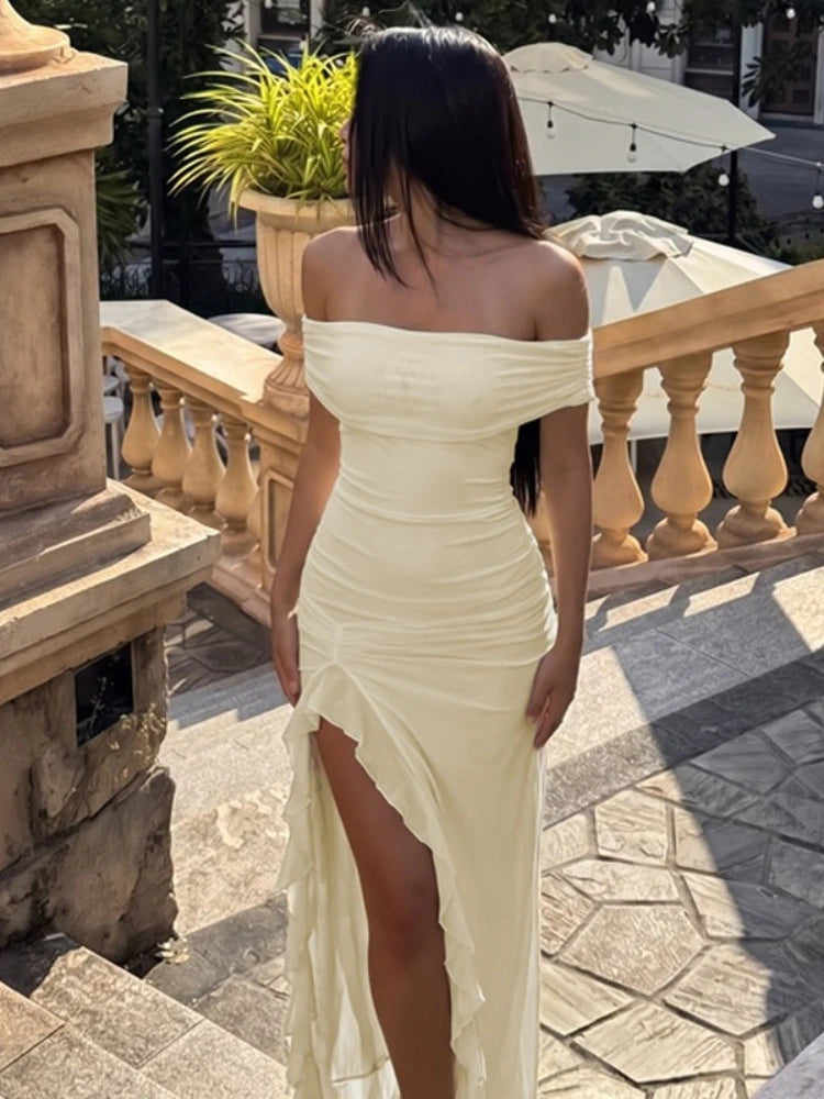 FDYOUI Elegant Slash Neck Ruffles High Slit Long Party Dresses for Women 2026 Summer Sleeveless Bodycon Evening Dress Lady Gowns