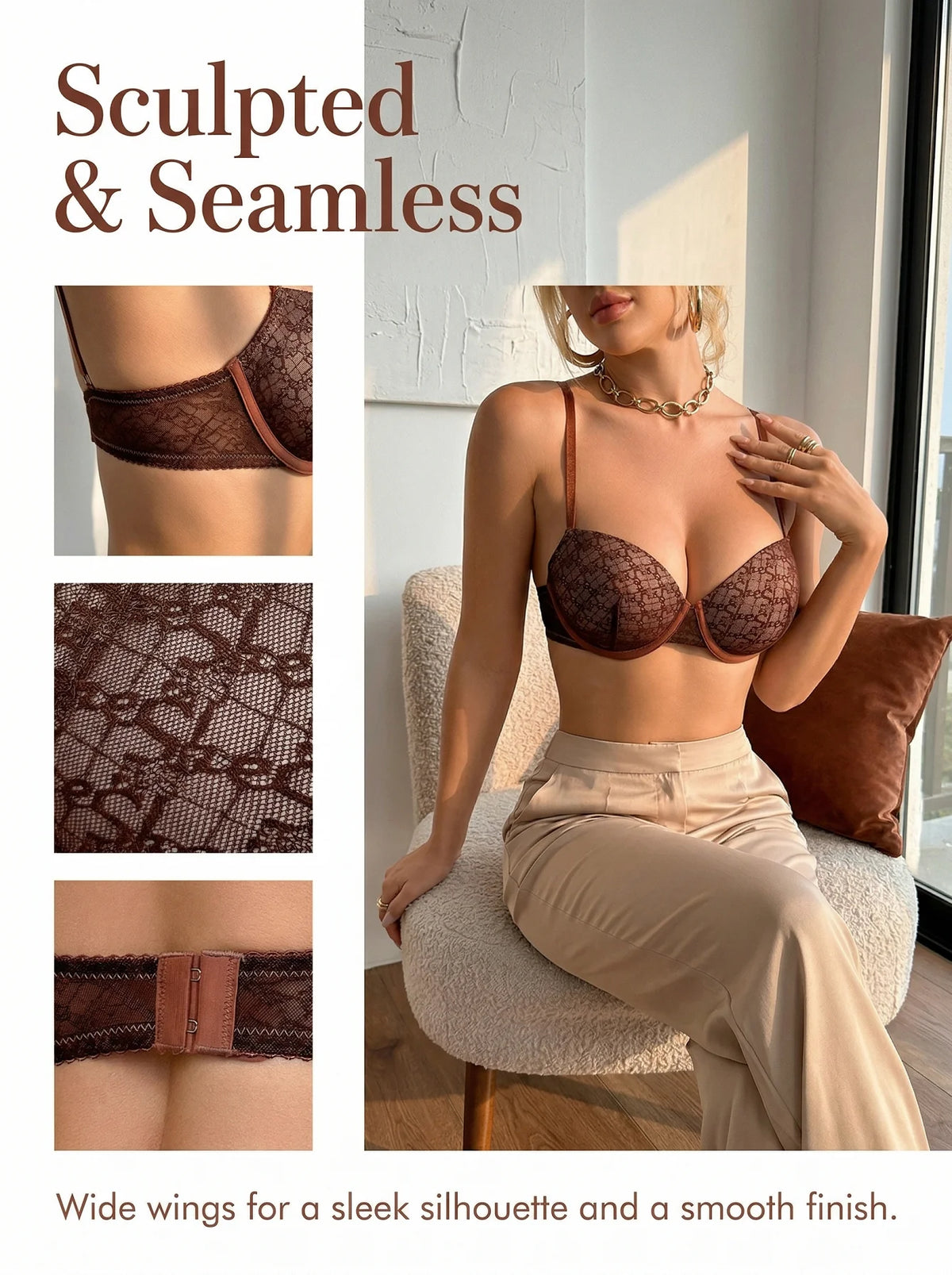 Women Chocolate Brown Lace Bra French Style Bralette Push Up Underwear sexy Lingerie MR3608