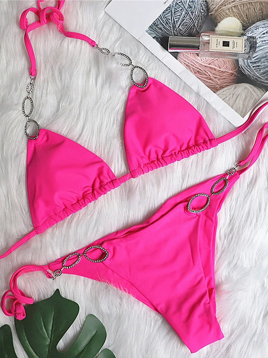 New Shiny Crystal Diamond Bikini 2026 Women Halter Bandage Swimsuit Female Swimwear Rhinestone Bikini set Brazilian Bathing Suit
