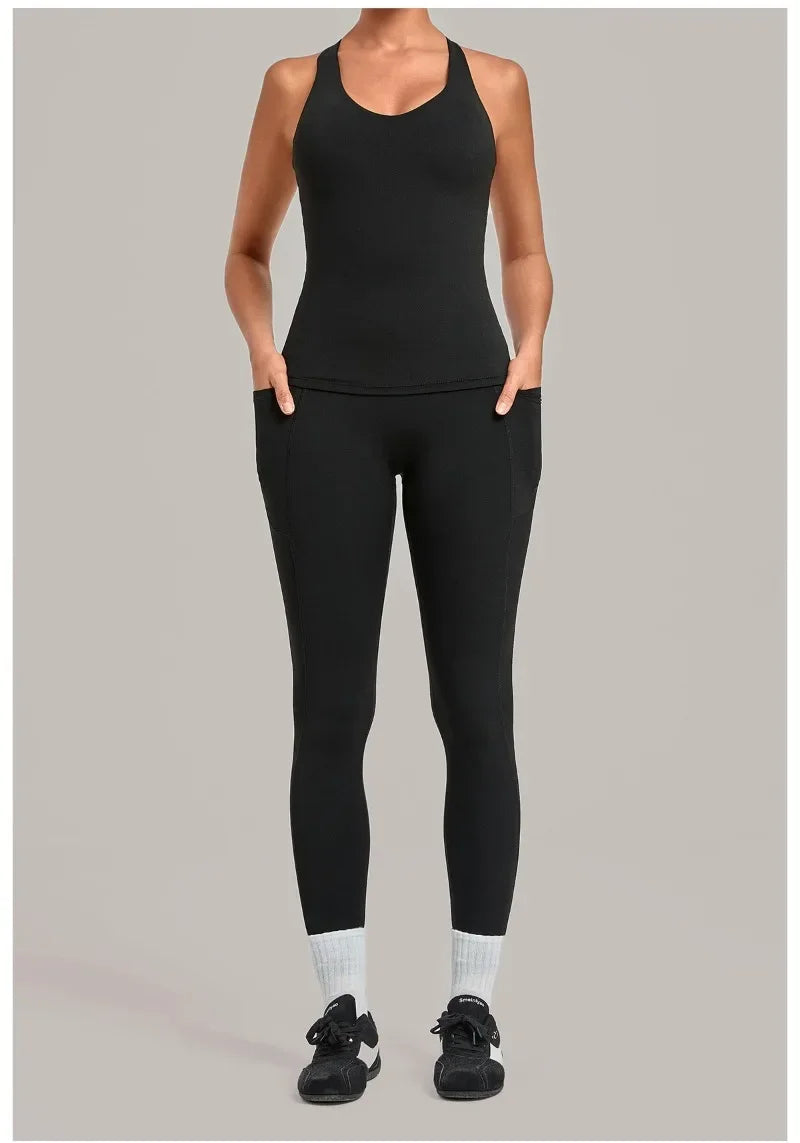 Women's Seamless Yoga Sets Sports Fitness Hip-lifting High Waist Pant Sleeveless Backless Suits Workout Running Leggings Sets