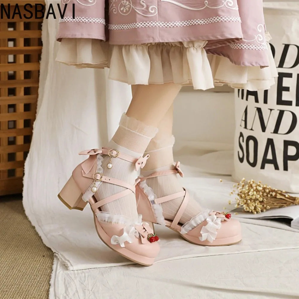 Women Lace Single Leather Lolita Shoes 2026 Cute Japanese Sweet Bow Thick Square Heel Shoes Girls' Party Dress Sandals Shoes 43