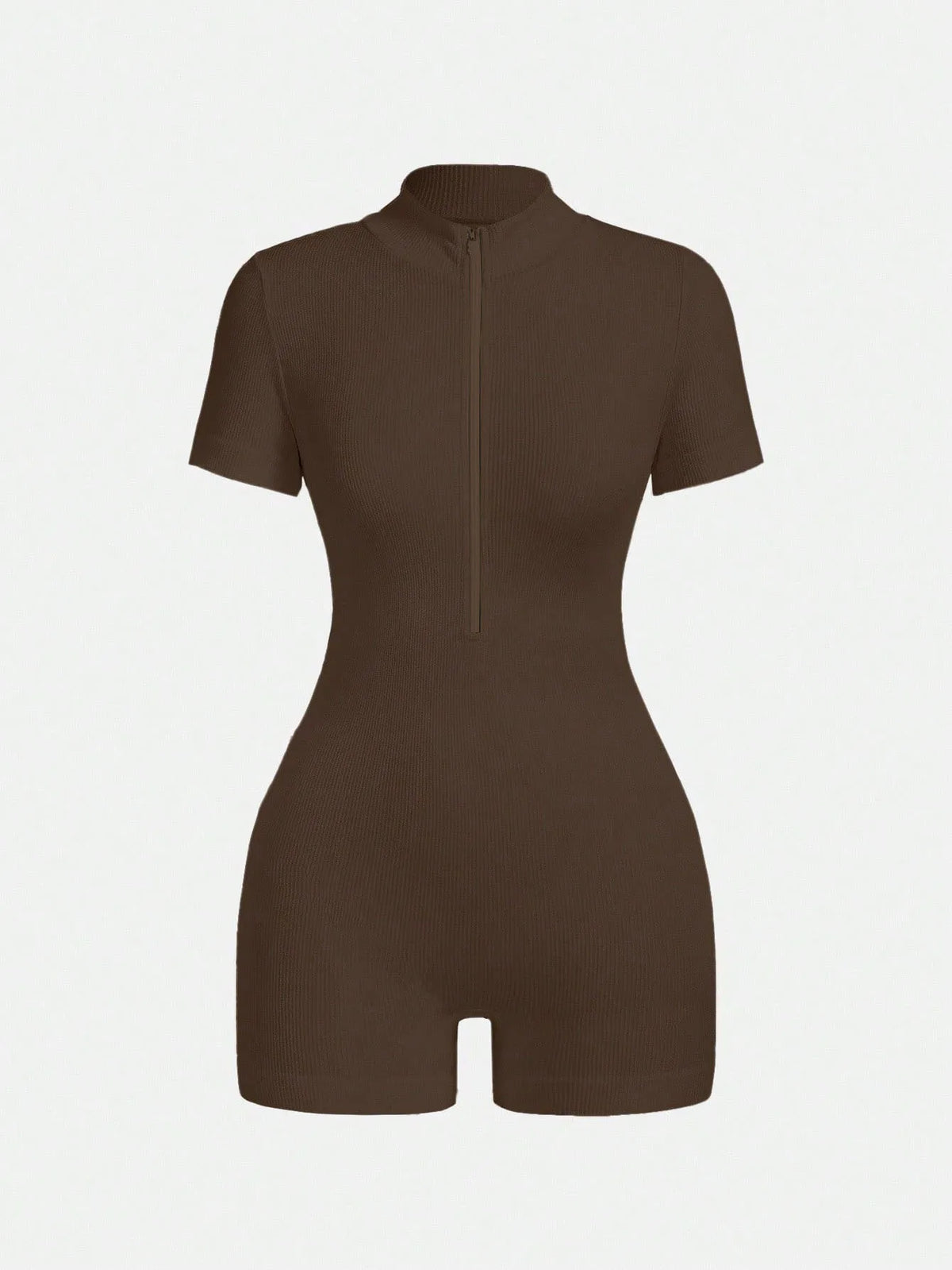 Women's Solid Color Half Zip Ribbed Knit Short Sleeve Romper Sports Soft Slim Fit Mock Neck Jumpsuit Streetwear 2025 Summer