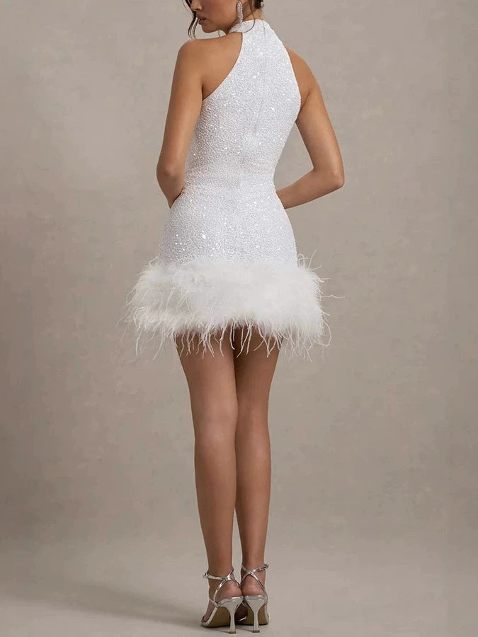 Elegant White Sequins Feather Hem Mini Dress Women Sexy Off Shoulder Slim Halter Dresses 2025 New Shiny Female Party Vestidos